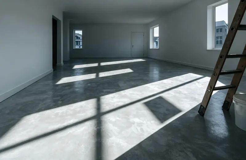Leerer Raum nach der Bauendreinigung, Sonnenlicht auf dem staubfreien Estrich.