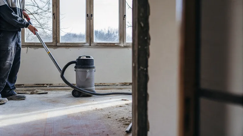 Baustaub wird im leeren Neubau abgesaugt, Tageslicht fällt durch die Fenster.