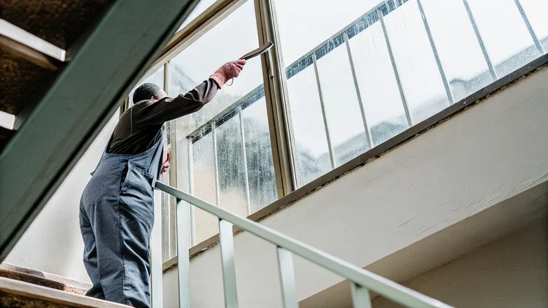 Fensterreinigung im Treppenhaus: Der Abzieher zieht das Wasser in einer Bahn von der Scheibe.