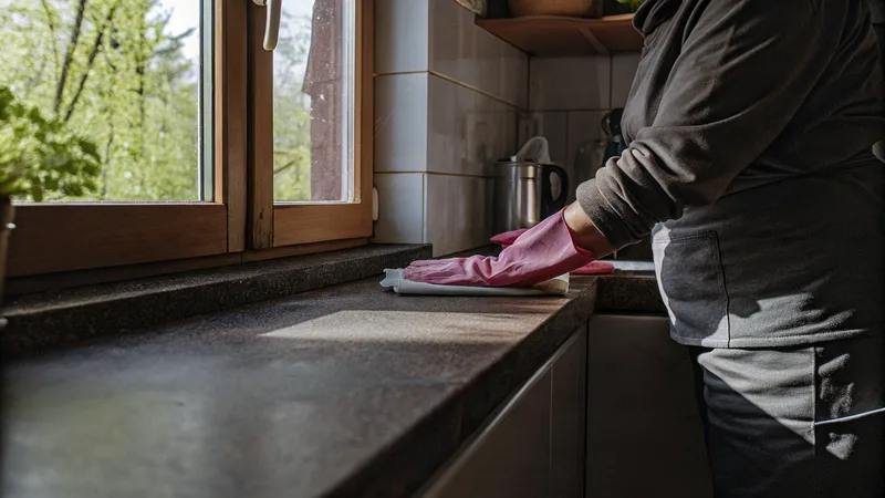 Arbeitsplatte in einer Küche wird mit Tuch und Handschuhen abgewischt.