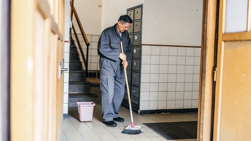 Mitarbeiter wischt den gefliesten Hausflur eines Mehrfamilienhauses, daneben der Eimer.